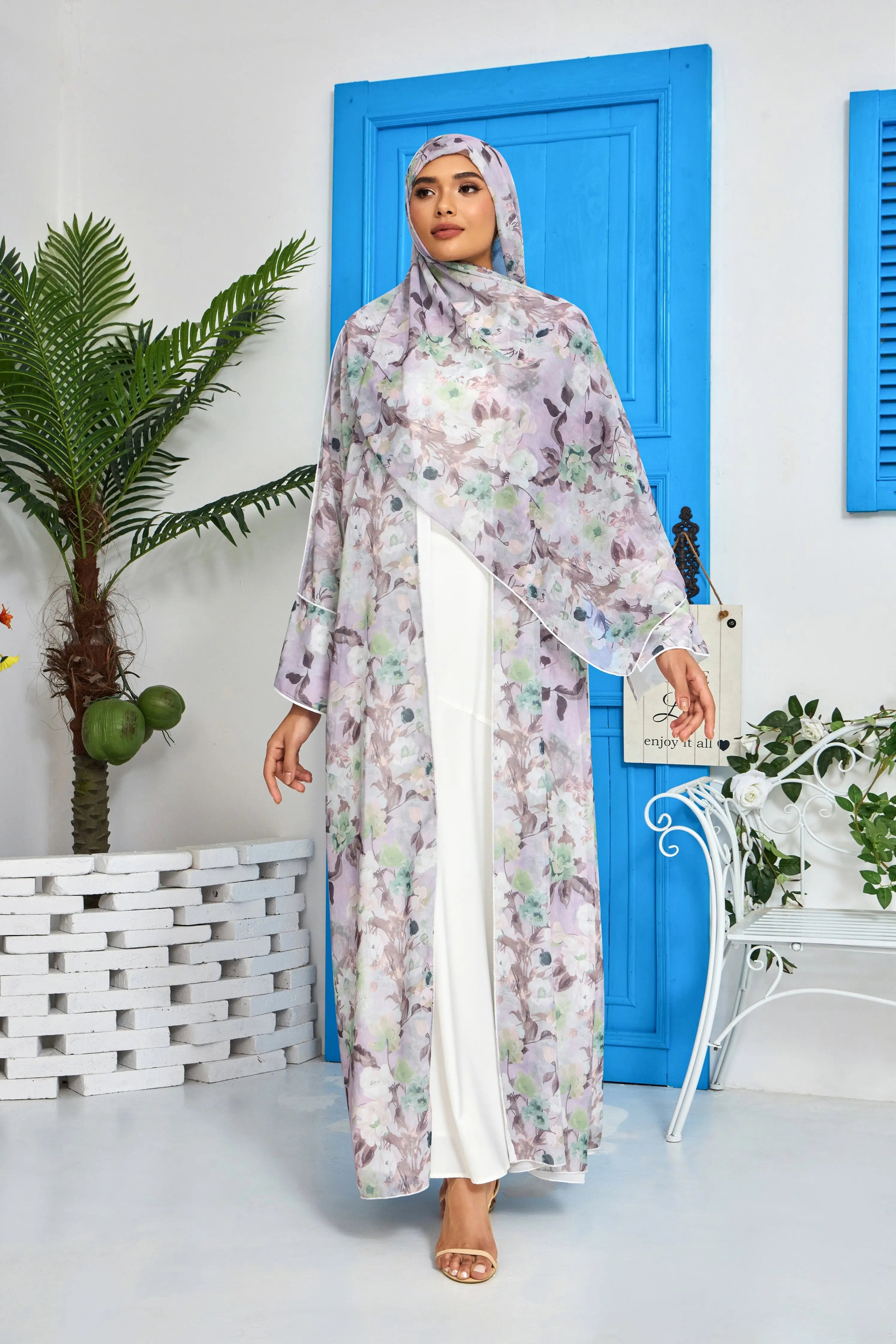 Lilac Wave Floral Print Abaya Dar-Al-Hayya
