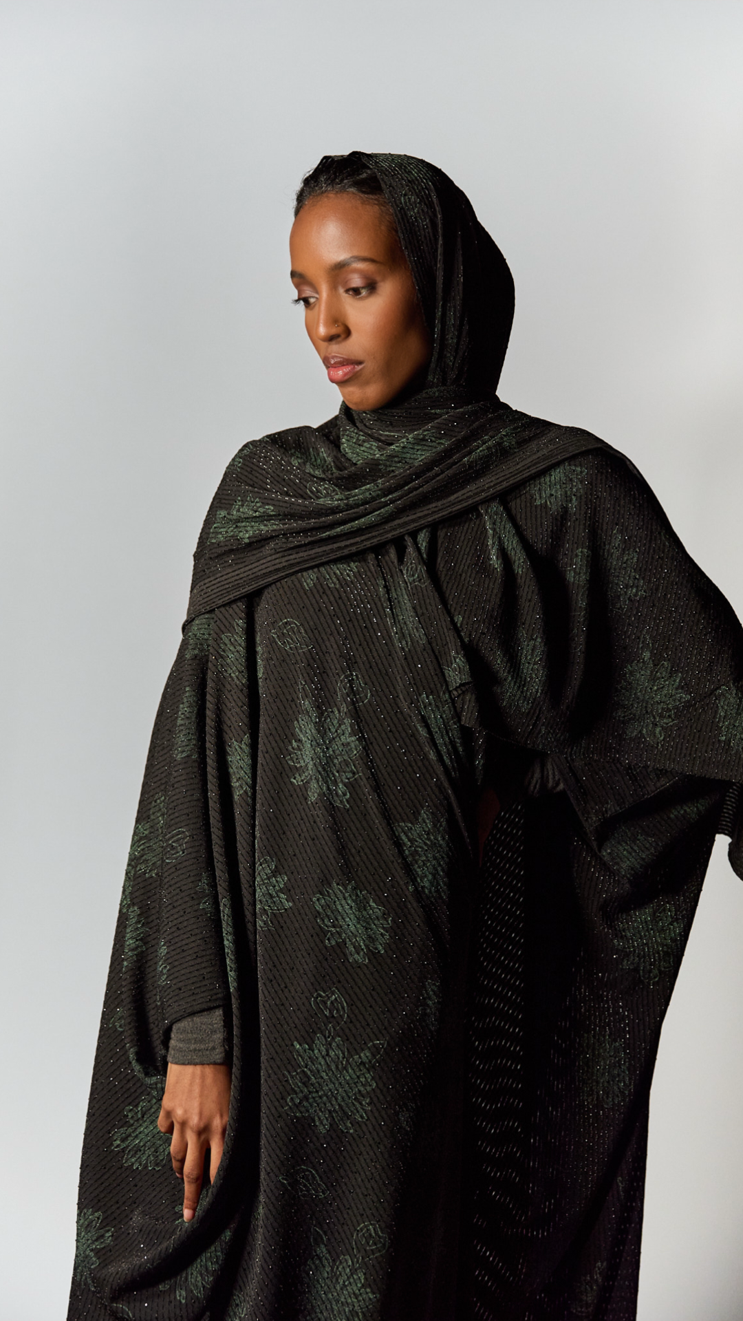 Batwing Black Abaya with Floral Green Print