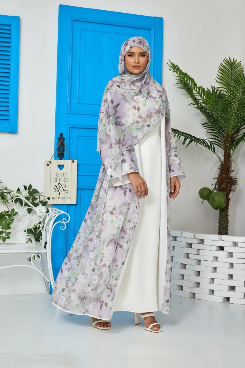 Lilac Wave Floral Print Abaya Dar-Al-Hayya