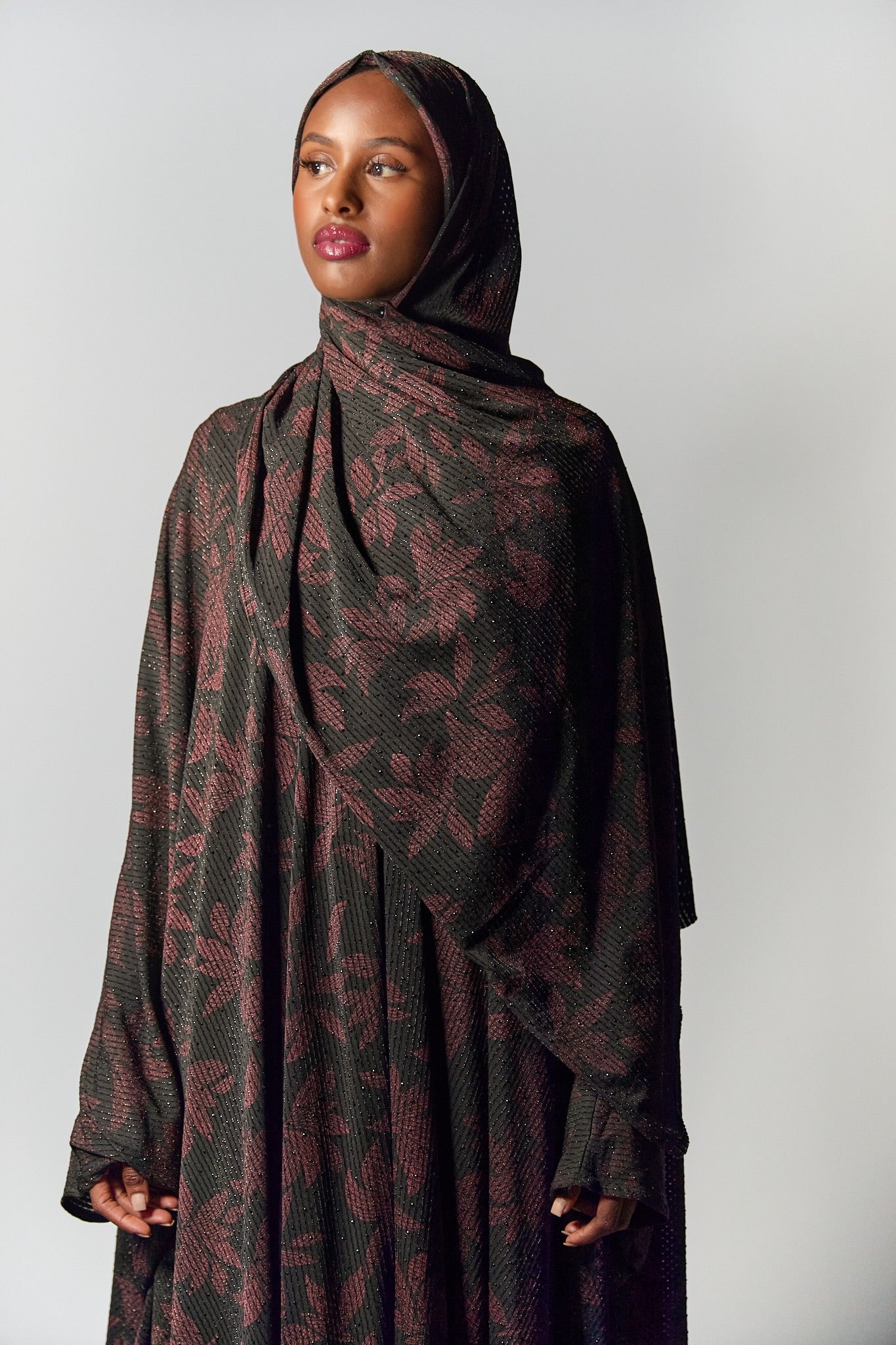 Batwing Black Abaya with Floral Pink Print