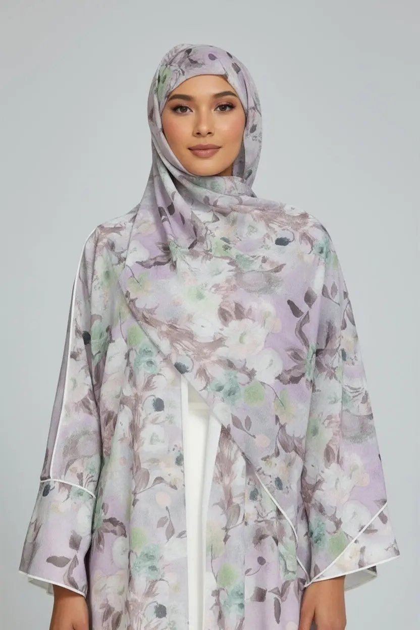 Lilac Wave Floral Print Abaya Dar-Al-Hayya