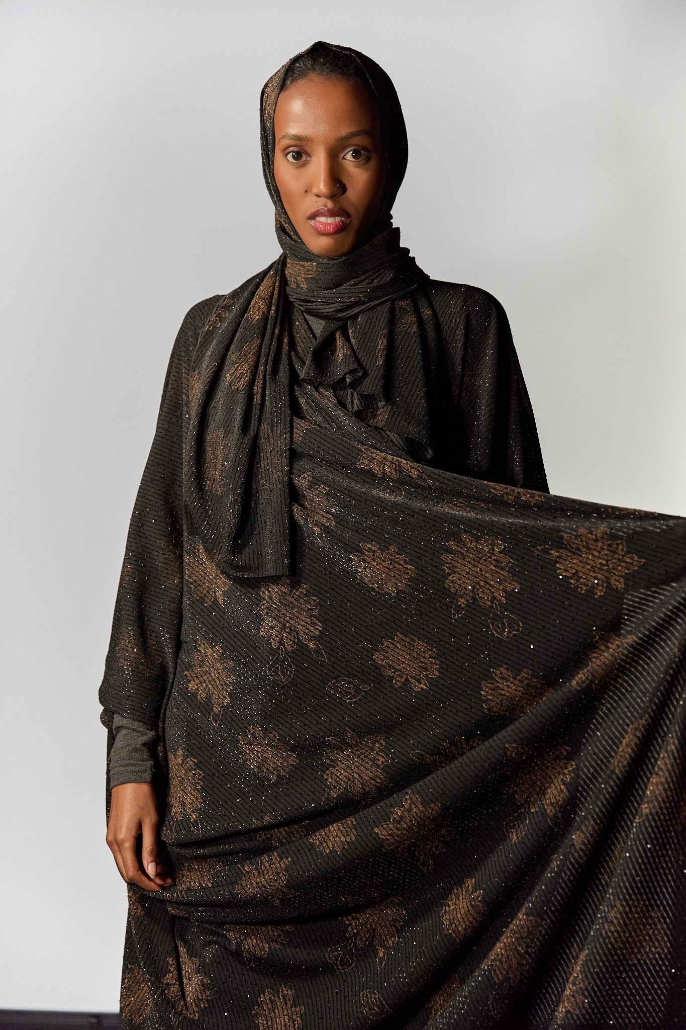 Batwing Black Abaya with Floral Gold Print