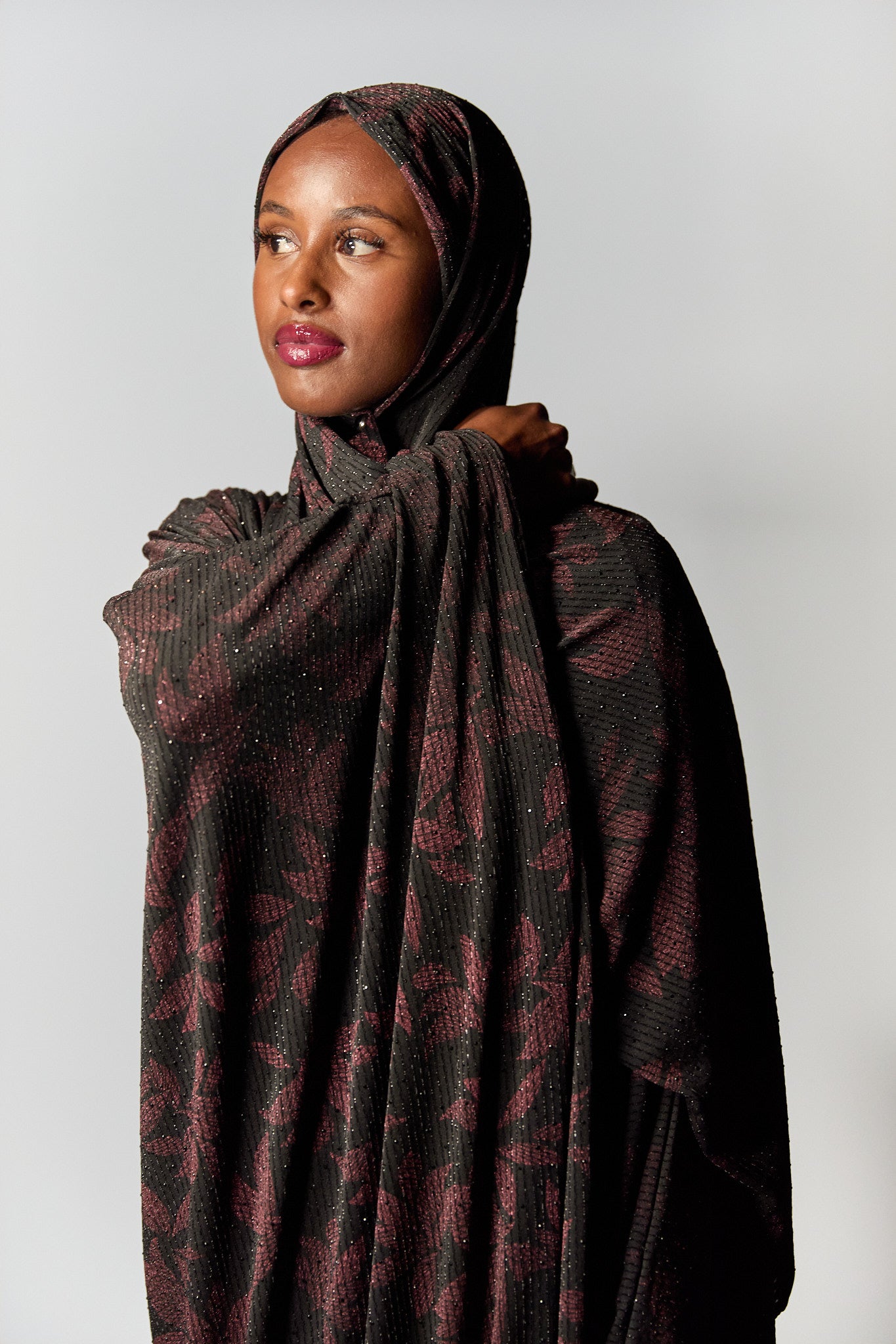 Batwing Black Abaya with Floral Pink Print