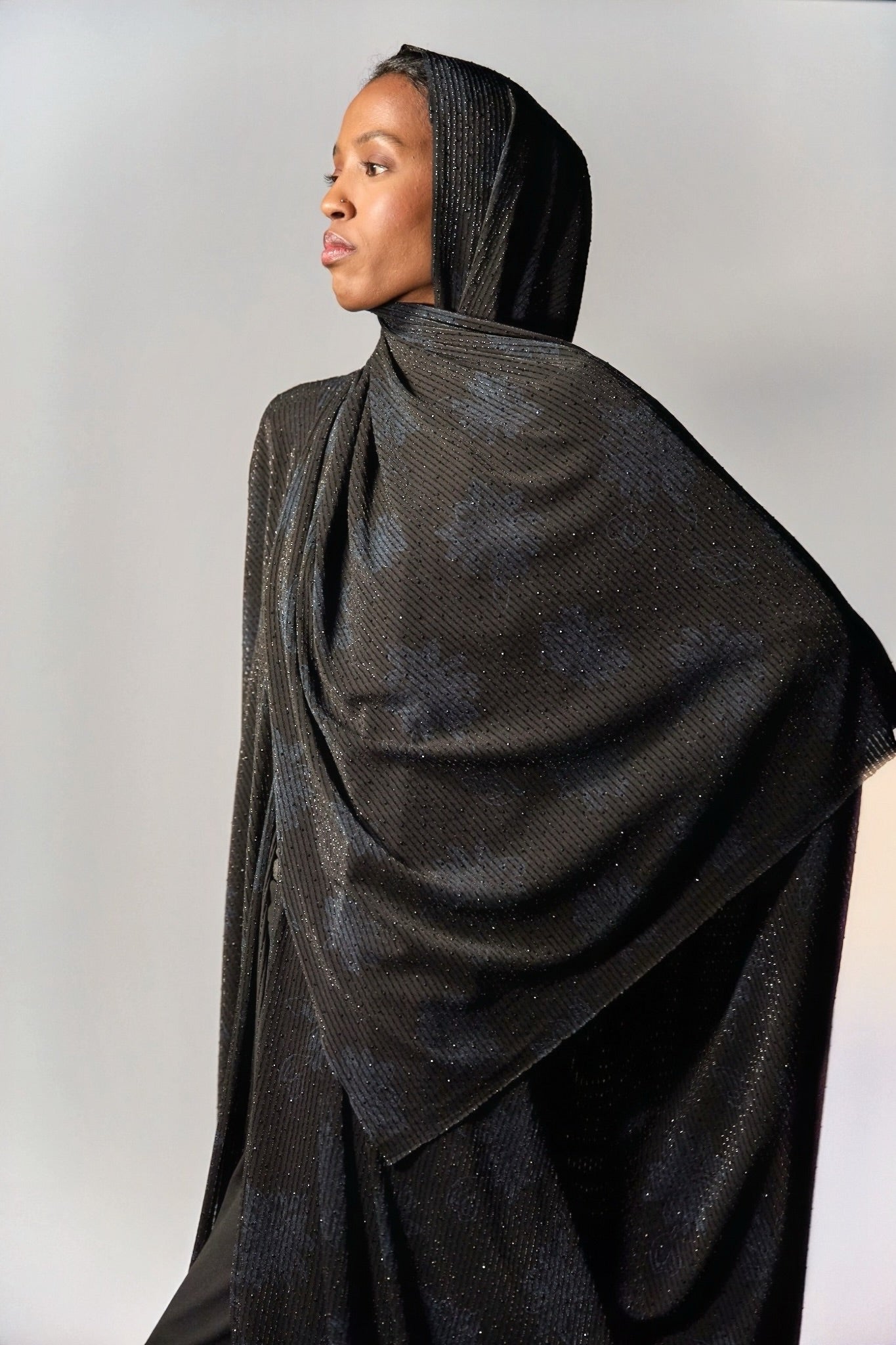 Batwing Black Abaya with Floral Blue Print