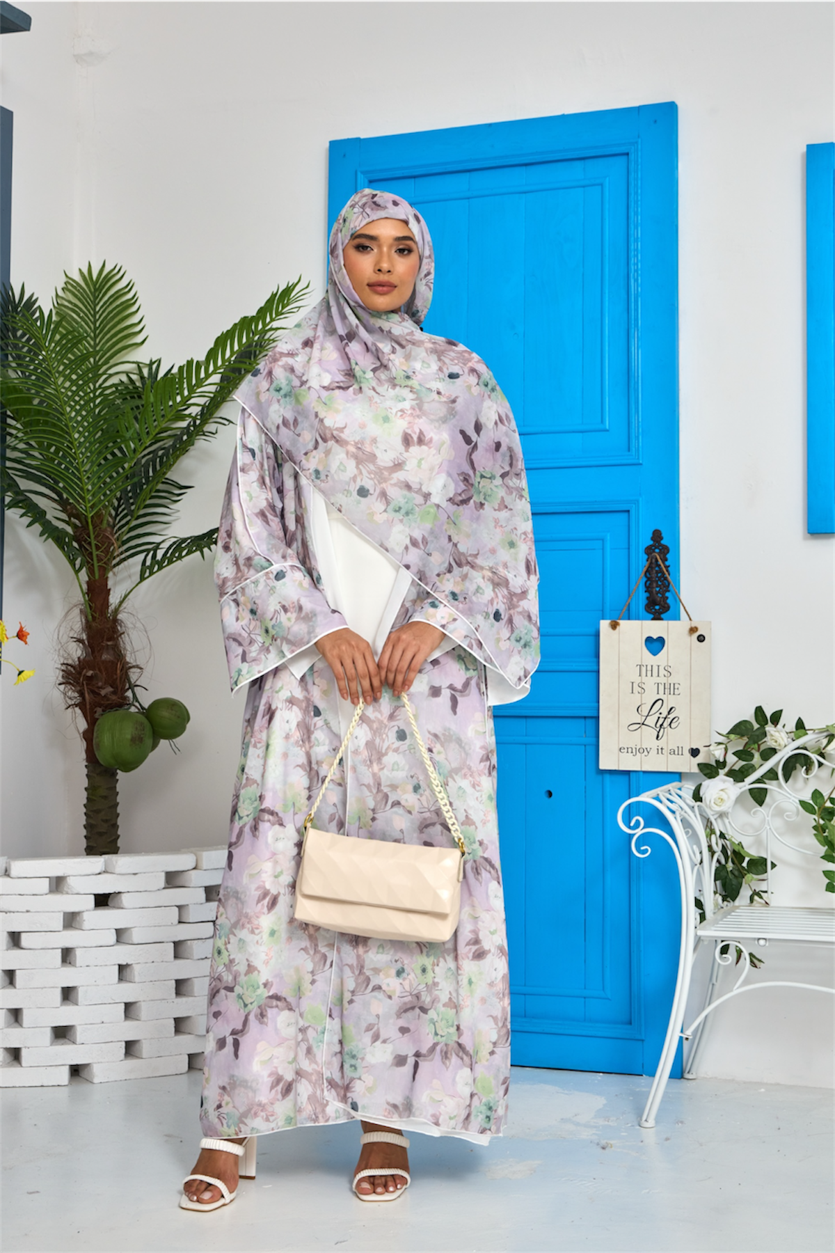Lilac Wave Floral Print Abaya Dar-Al-Hayya