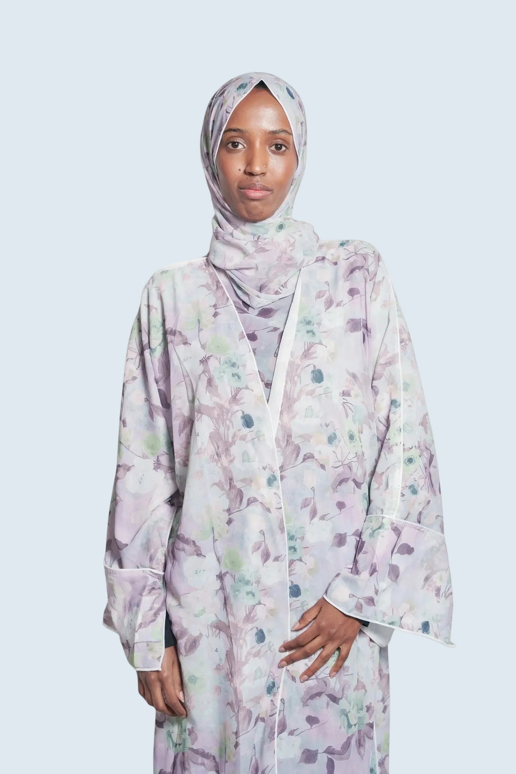 Lilac Wave Floral Print Abaya Dar-Al-Hayya