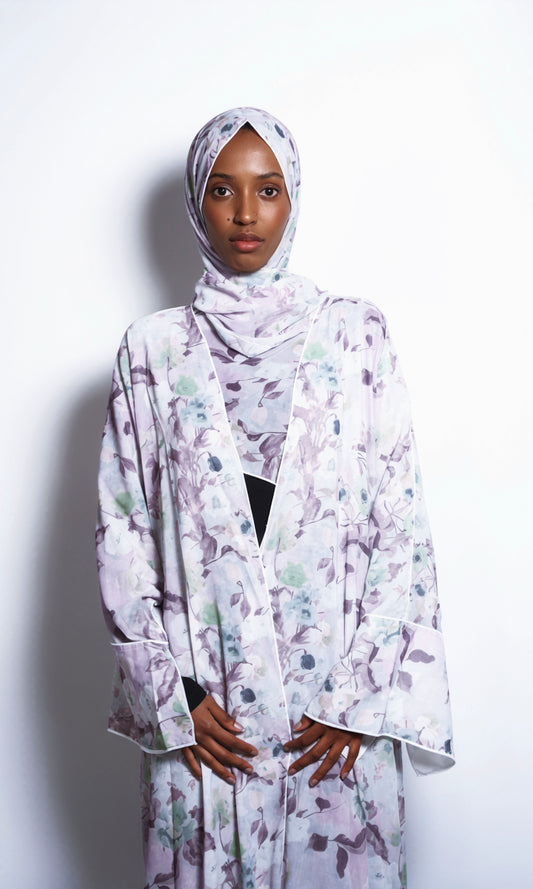 Lilac Wave Floral Print Abaya