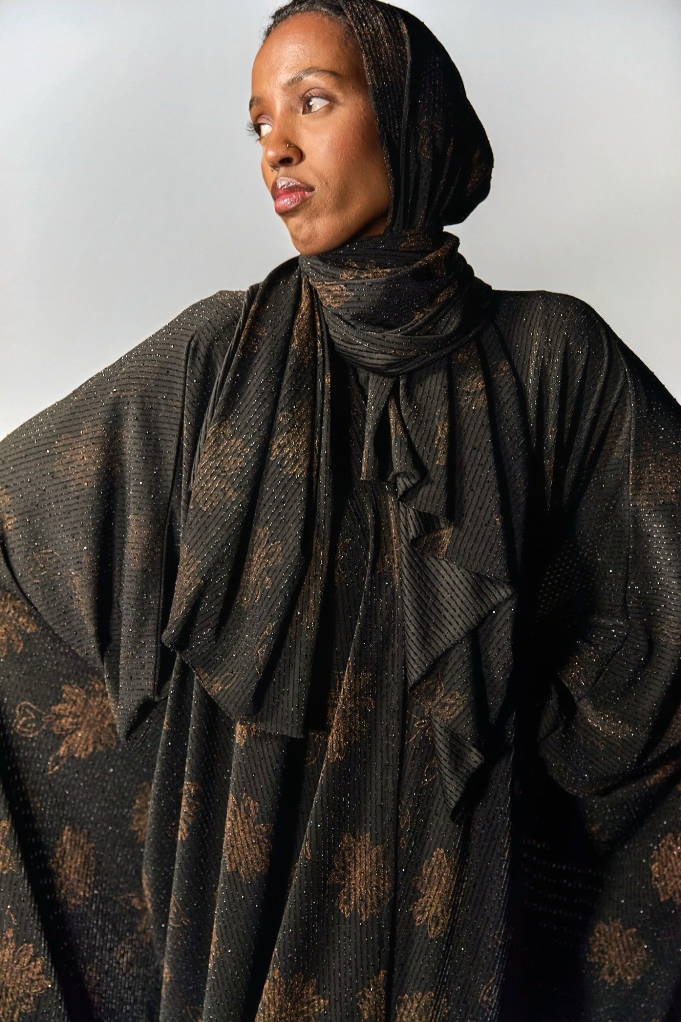 Batwing Black Abaya with Floral Gold Print