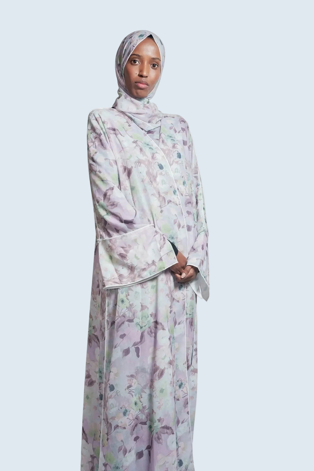 Lilac Wave Floral Print Abaya Dar-Al-Hayya
