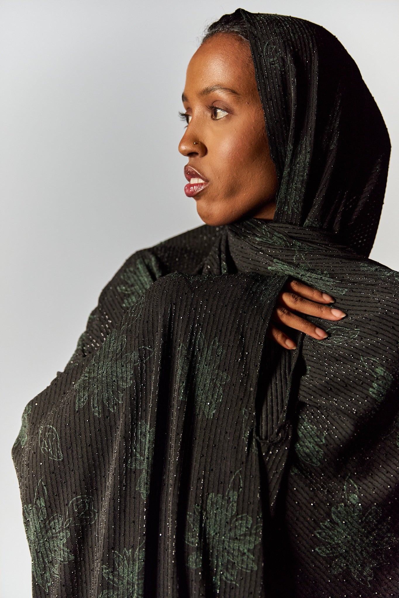 Batwing Black Abaya with Floral Green Print