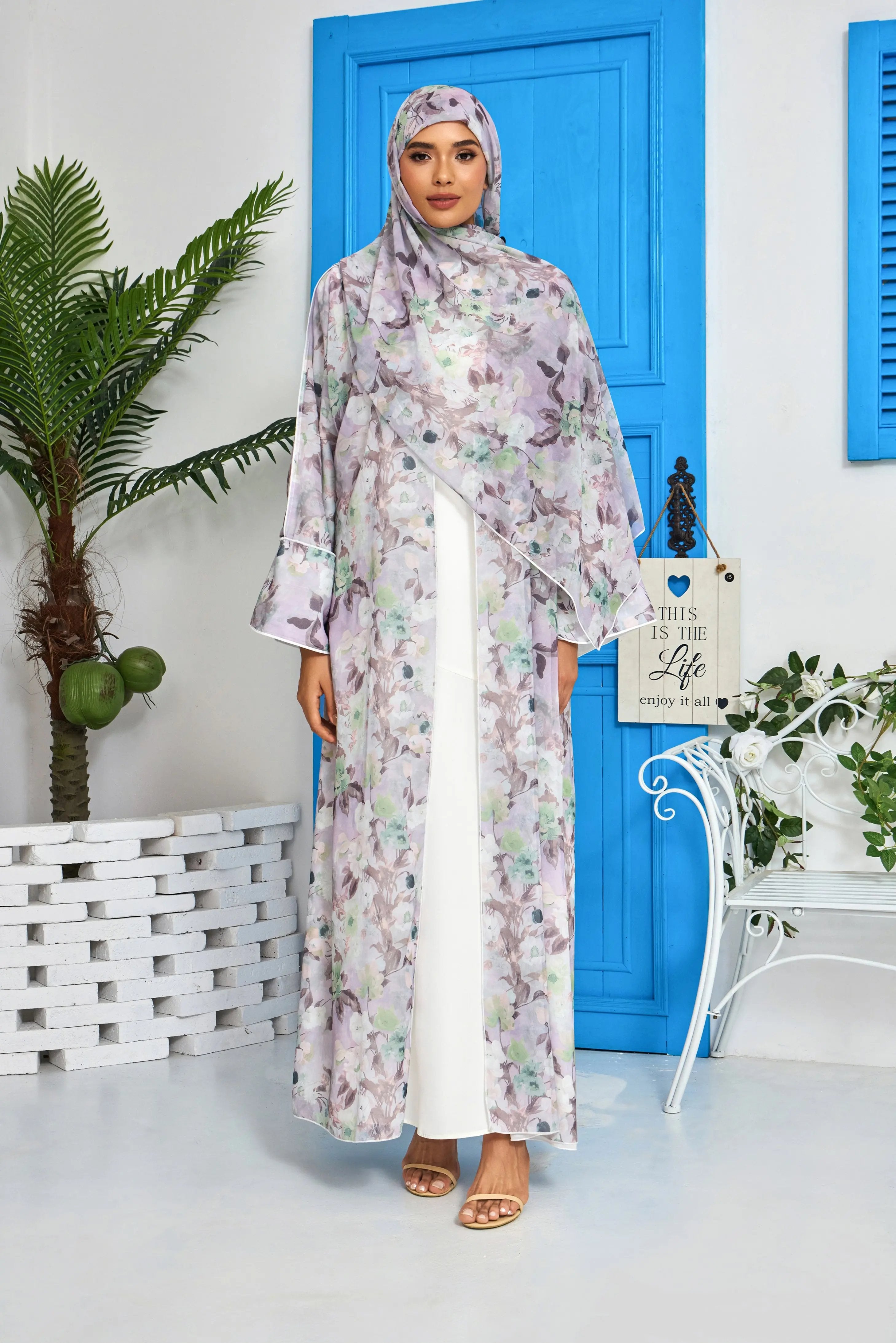 Lilac Wave Floral Print Abaya Dar-Al-Hayya
