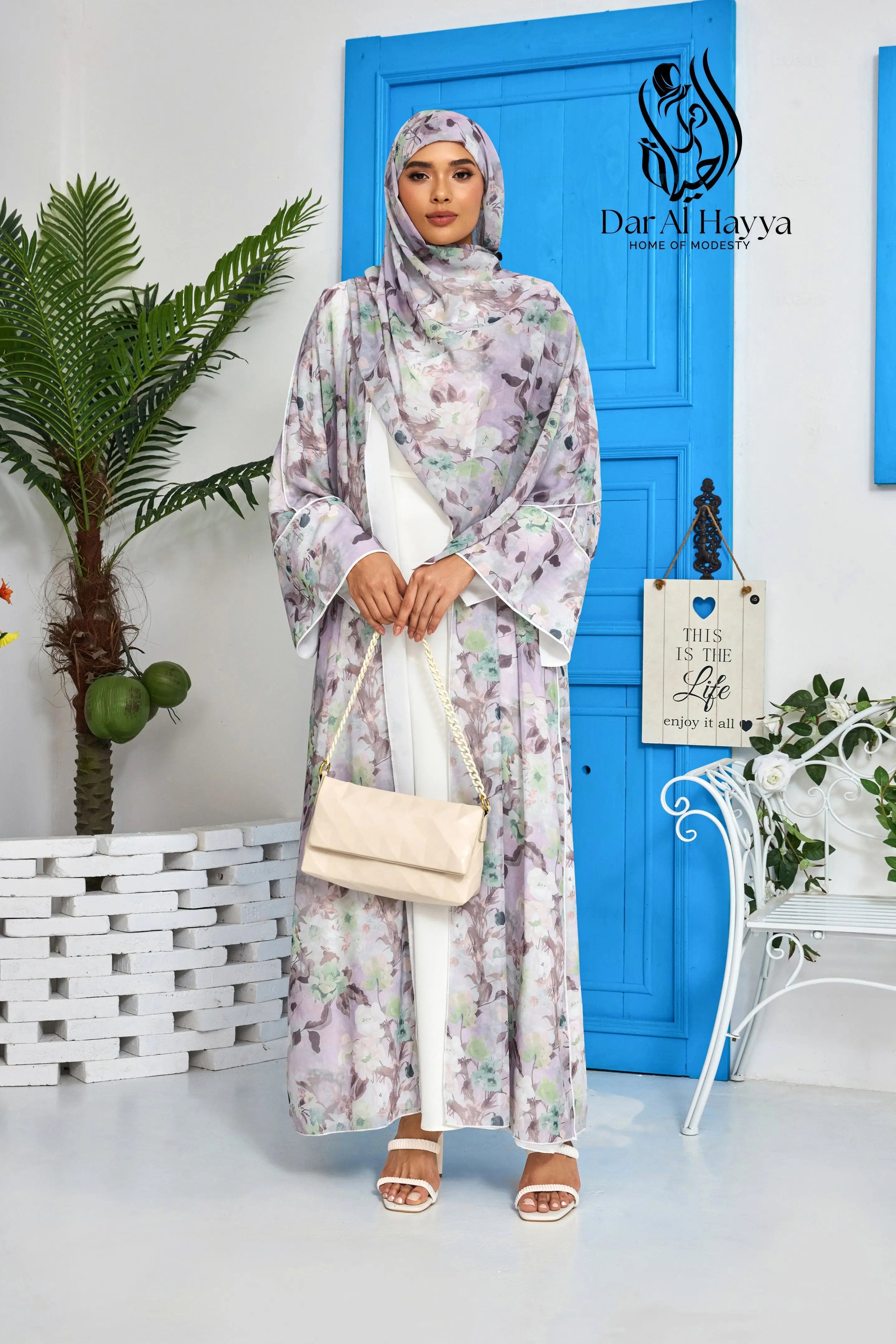 Lilac Wave Floral Print Abaya Dar-Al-Hayya
