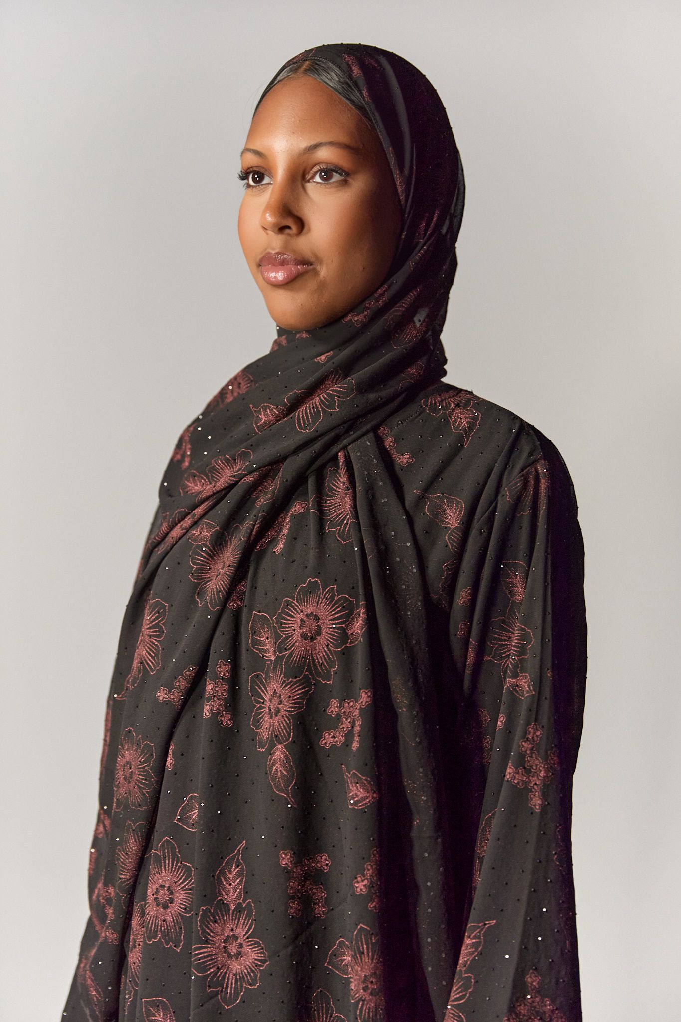 Black & Pink Floral Open Abaya