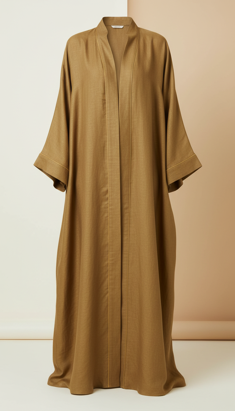 Olive Bark Linen Abaya With Gold Piping