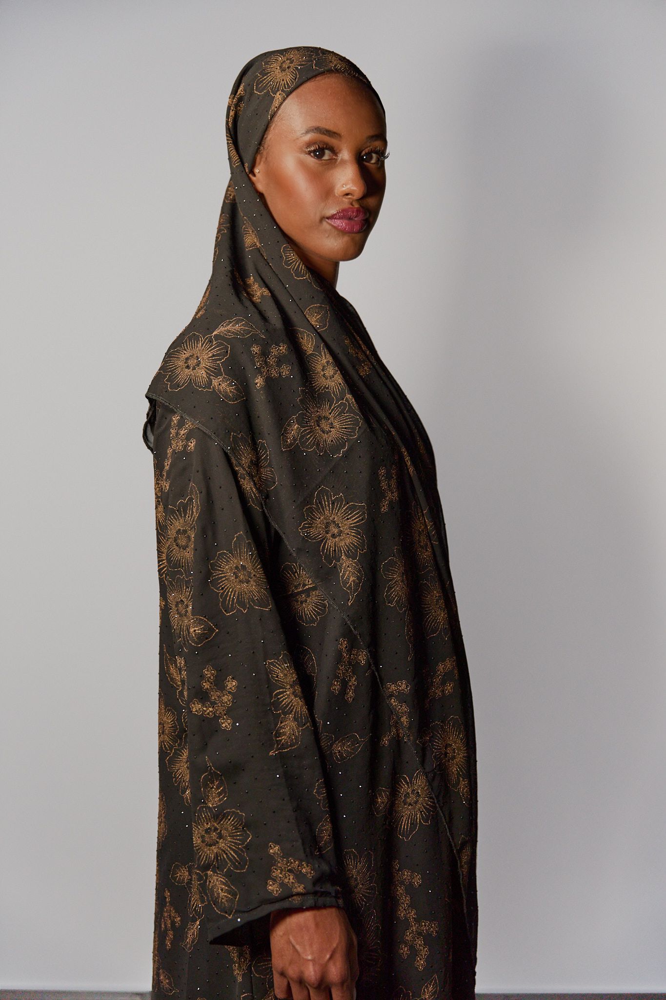 Black & Gold Floral Open Abaya
